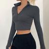 Spring and Autumn Women's Blouse Fashion Long-sleeved Zip Half-open Neck Navel Exposed Slim Tops