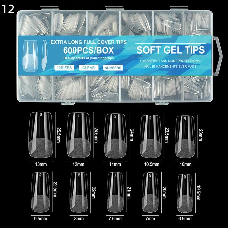 600 шт. Короткие миндалевидные типсы из мягкого геля, полное покрытие, накладные ногти для акрилового маникюра, салон, дом, накладные ногти