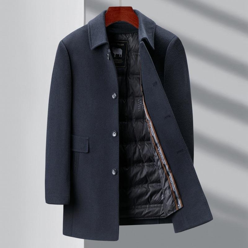 Новое зимнее кашемировое пальто средней длины для мужчин, на подкладке из пуха, шерстяное пальто, топ для папы среднего и пожилого возраста