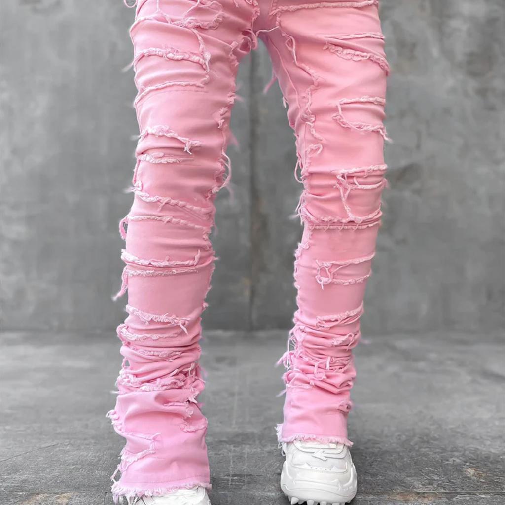 New Men's Denim Straight Leg Jeans Street Fashion Ins Colorful Stretch Patch Denim Straight Leg Jeans