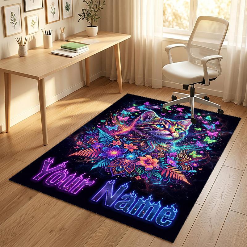 Cat Theme Crystal Velvet Rug Personalized Custom Name Text Soft Floor Mat Home Decor