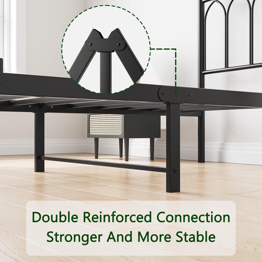 90x200cm Metal Bed Frame with Vintage Headboard and Footboard, Heavy Duty Steel Slat Support, Reach Under-Bed Storage, No Box Spring Required, Black