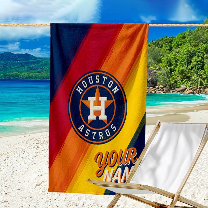 Custom Name Beach Towel Neon Lights Houston Logo Beach Towel, Soft Microfiber, Gift for Her/Him, Birthday, for Pool, Beach, Travel, Fan gifts