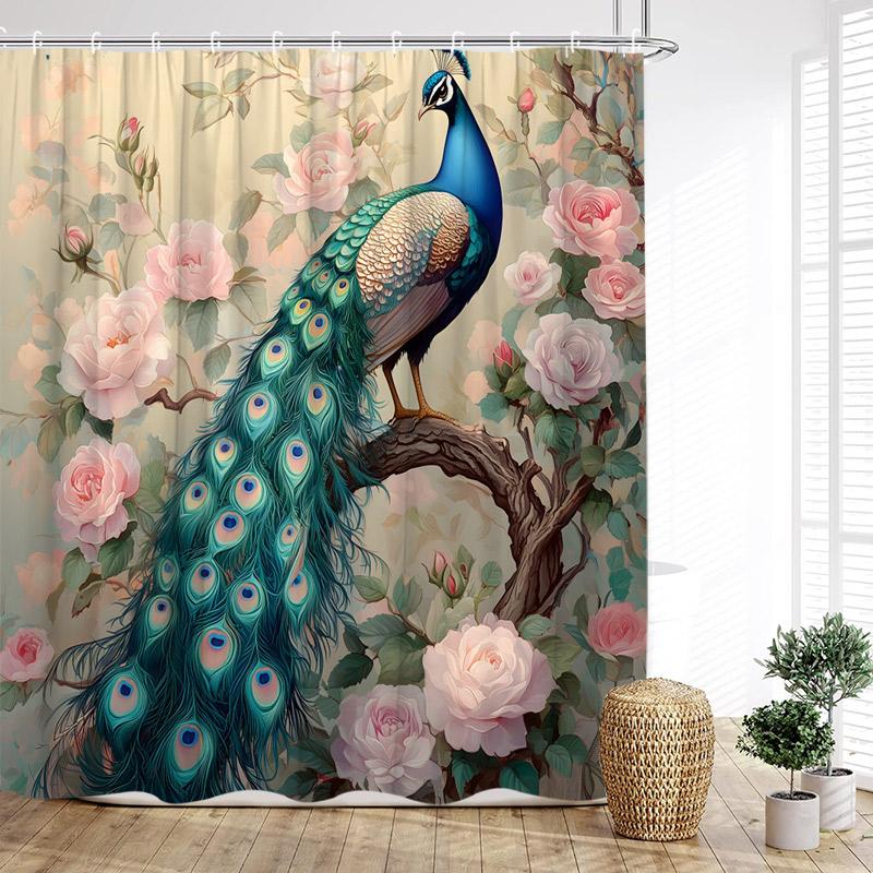 Blue Peacocks Shower Curtains Forest Trees Plants Flowers Waterfall Scenery Polyester Fabric Bathroom Curtain Decor With Hooks