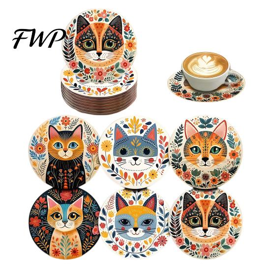 Anti-skid Wood Coasters for Tables 6 Pcs Cute Cat Coasters, Thick Heat-Resistant Coaster Tabletop Protection, Siamese Pattern Table Pads Non