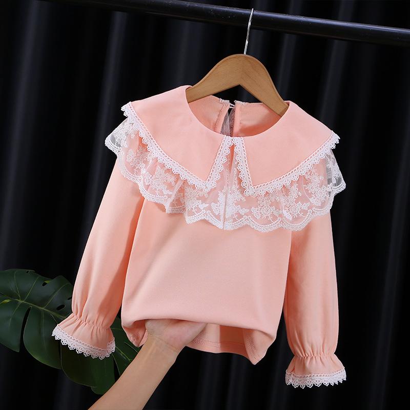 Блузки для девочек, весенние топы для маленьких девочек, детская одежда, школьная блузка, розовая хлопковая кружевная футболка, блузка, детская одежда