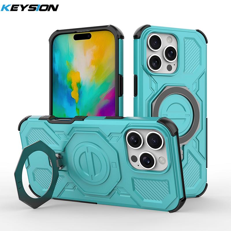 KEYSION Противоударный магнитный чехол для iPhone 16 Pro Max с вертикальной металлической подставкой-кольцом для просмотра в реальном времени, чехол для телефона для iPhone 15 Pro Max