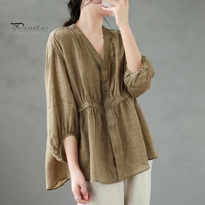 Женская весенне-летняя рубашка с v-образным вырезом и половиной рукавом, однотонный пуловер, топы с узкой талией, тонкие свободные дышащие топы, уличная одежда