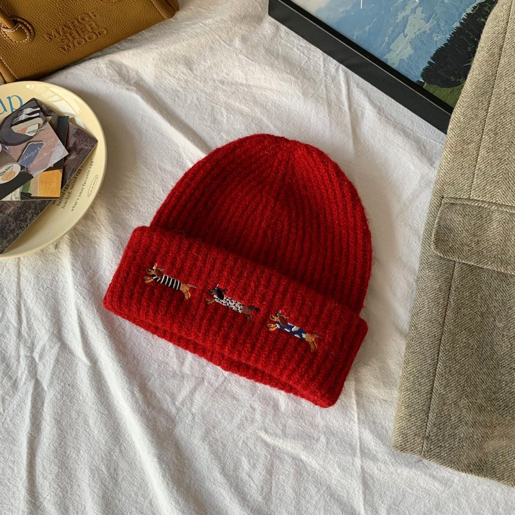 Cute sausage puppy knitted hat children keep warm in autumn and winter thickened students show a small face ear protector bag head wool hat