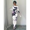 Women's Off-shoulder Slim Dress with Flower Print Tight Casual Long Dress