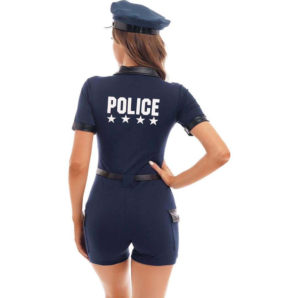 Womens Cop Outfits Policewoman Role Play Costume Zipper Short Sleeve Jumpsuit with Belt Purse Hat