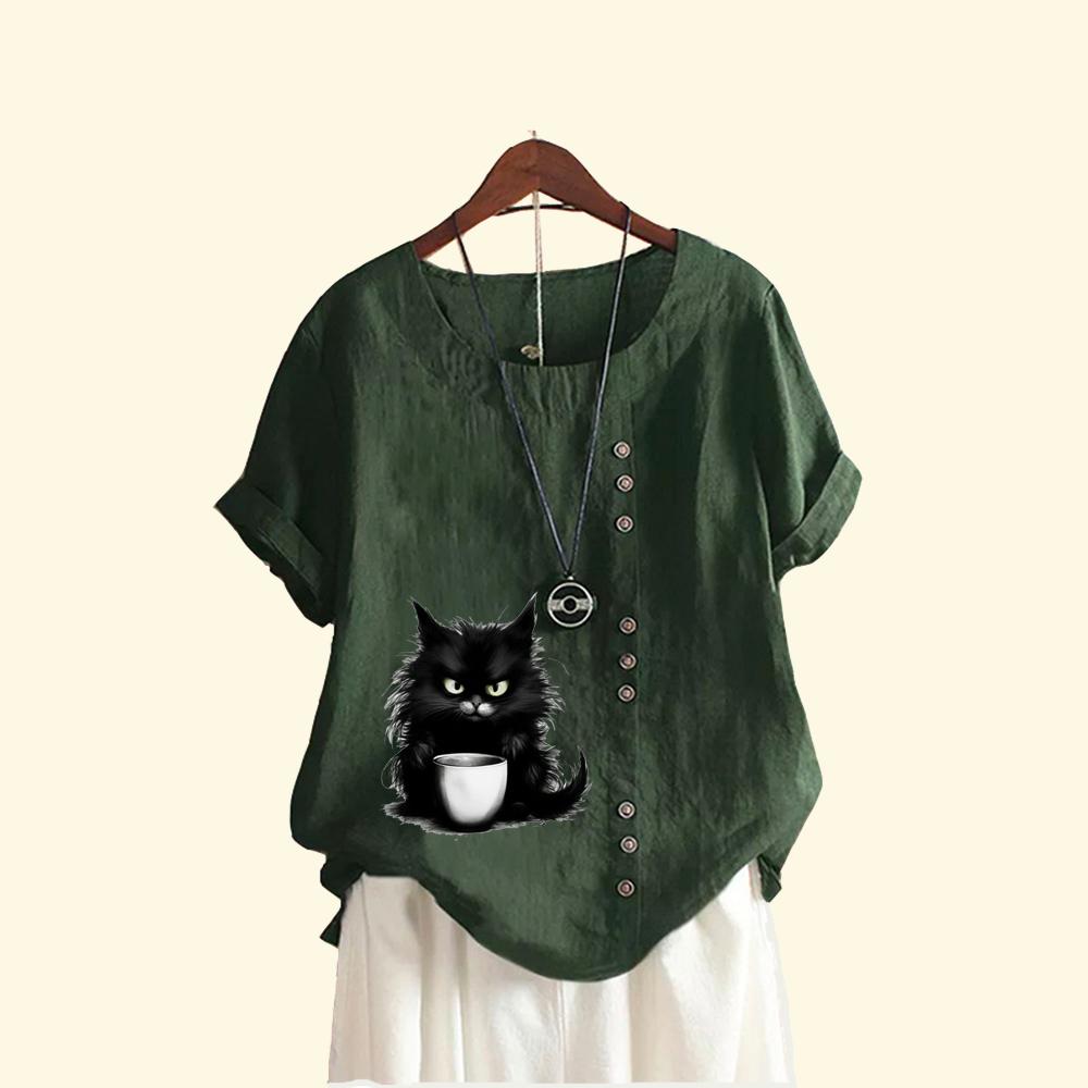 Женская свободная льняная блузка-пуловер, женская повседневная футболка с круглым вырезом и принтом кота, летняя модная футболка с короткими рукавами