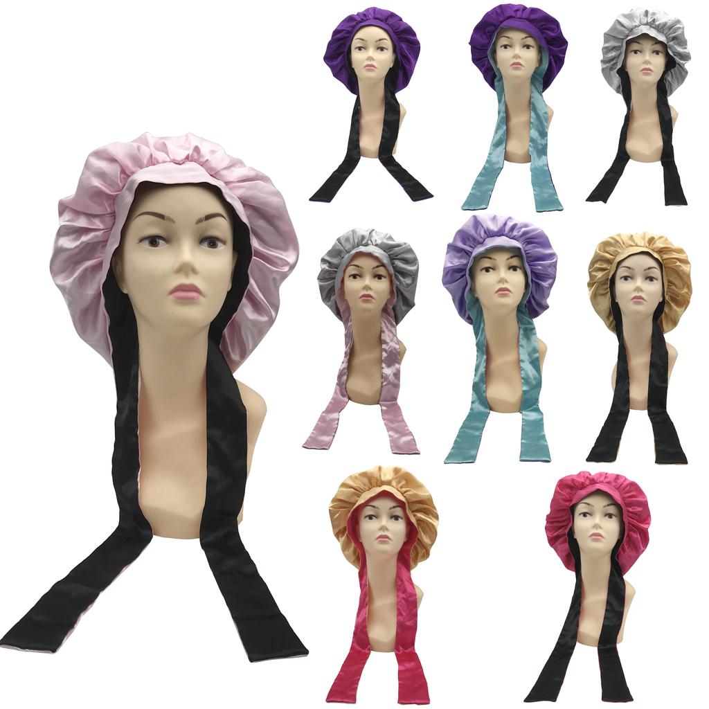High Quality Personalized LOGO Hair Bonnets with Satin Head Wraps Custom Silk Sleep Tie Bonnet