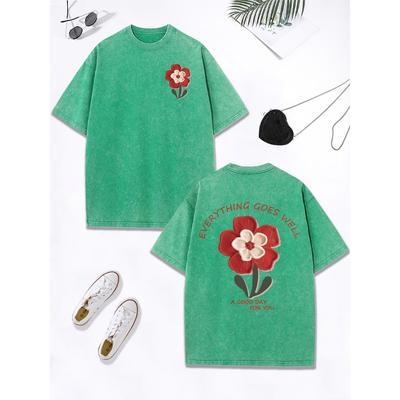 Все идет хорошо Цветочный принт Выстиранная футболка Женская Хлопковая Оверсайз Топы Круглый вырез Потертая футболка Одежда
