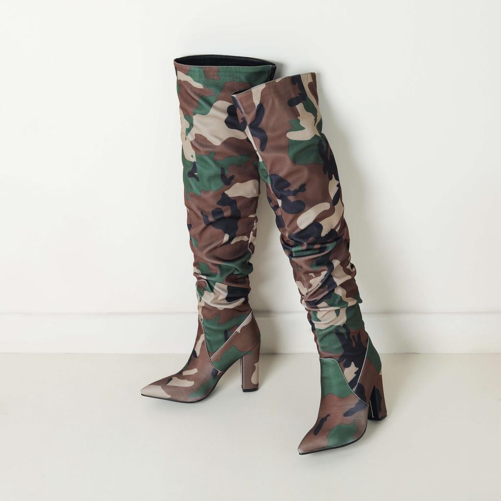 lenkisen Ткань с камуфляжным узором, осенне-зимняя обувь, супертонкие высокие каблуки, плиссированные ботинки, европейские теплые сапоги выше колена