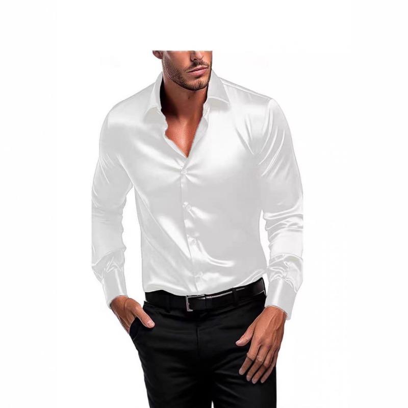 Men Burgundy Silky Satin Long Sleeve Casual Business Work Shirt