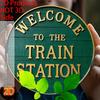 Round Vintage Train Station Metal Sign Retro Wall Art for Home Cafe Decor