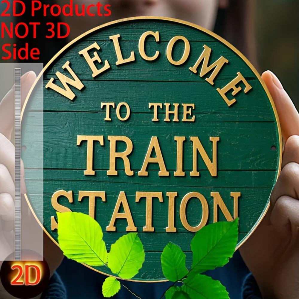 Round Vintage Train Station Metal Sign Retro Wall Art for Home Cafe Decor