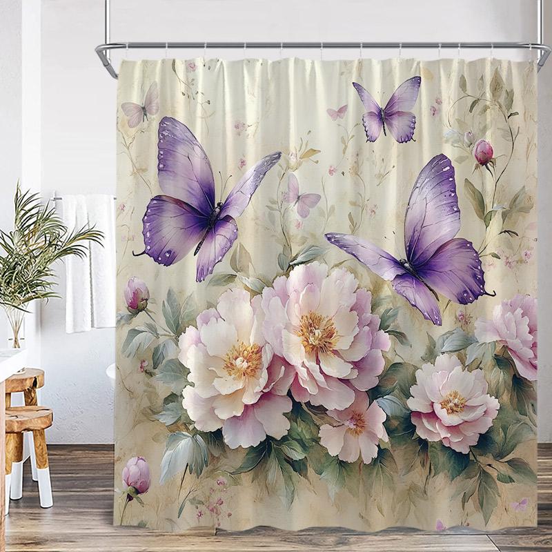 Floral Butterfly Shower Curtains Vintage Paris Tower Butterflies Watercolour Pink Purple Flowers Bath Curtain Bathroom Decor Set