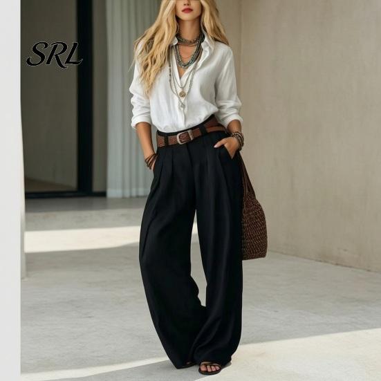 Casual Matching Sets Women Two Piece Set for Fall, V Neck Collared Shirt Long Sleeves Trousers & Wide Leg Pants, Loose Fit Autumn Outfits Suit