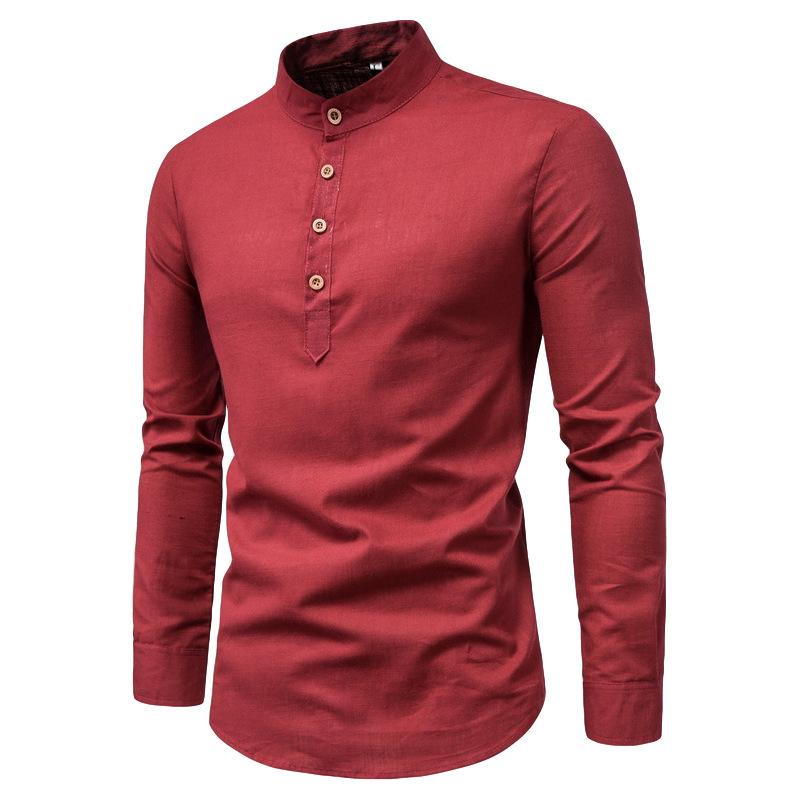 Весенне-осенняя мода Slim Fit Однотонная с длинным рукавом Мужская одежда Деловая Стойка воротник Хлопок Лен Универсальные Шикарные рубашки