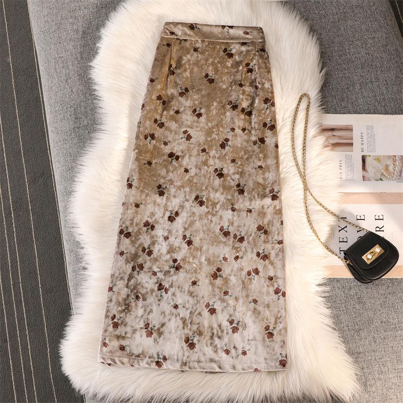 Юбка средней длины. Осенне-зимняя женская юбка. Женская длинная юбка из золотого бархата в стиле ретро с принтом.