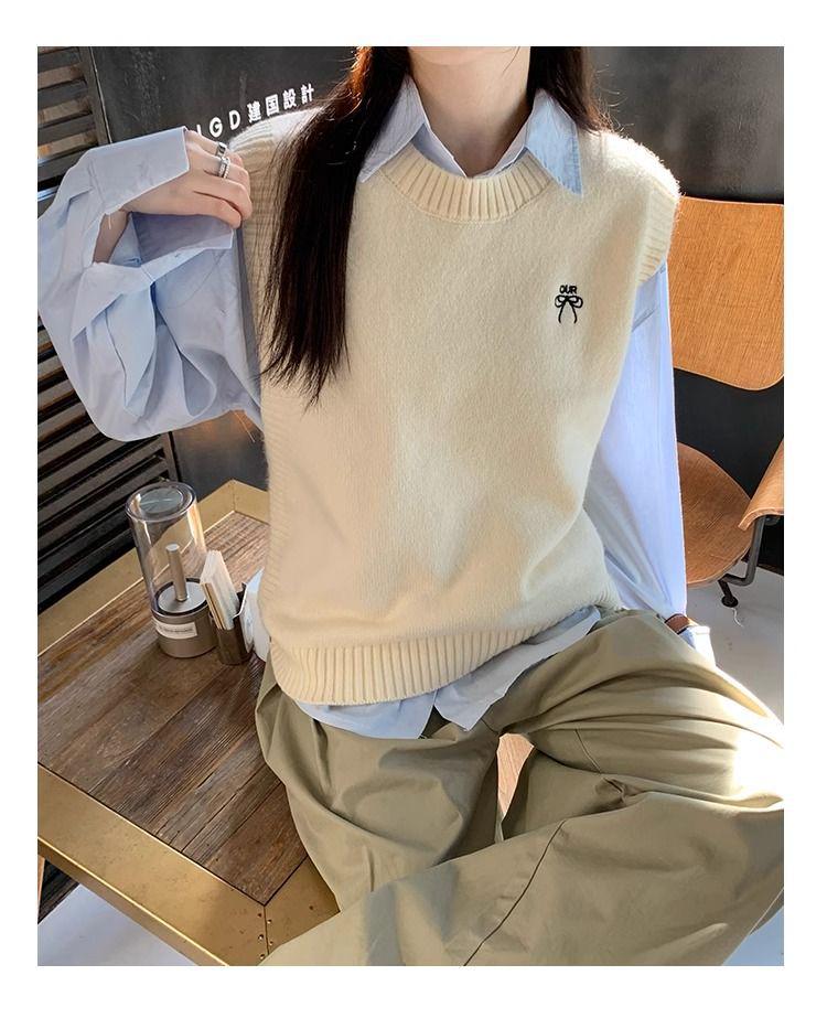 Женский вязаный жилет-свитер - Весна/Осень 2024 Маленький Без рукавов Многослойный топ