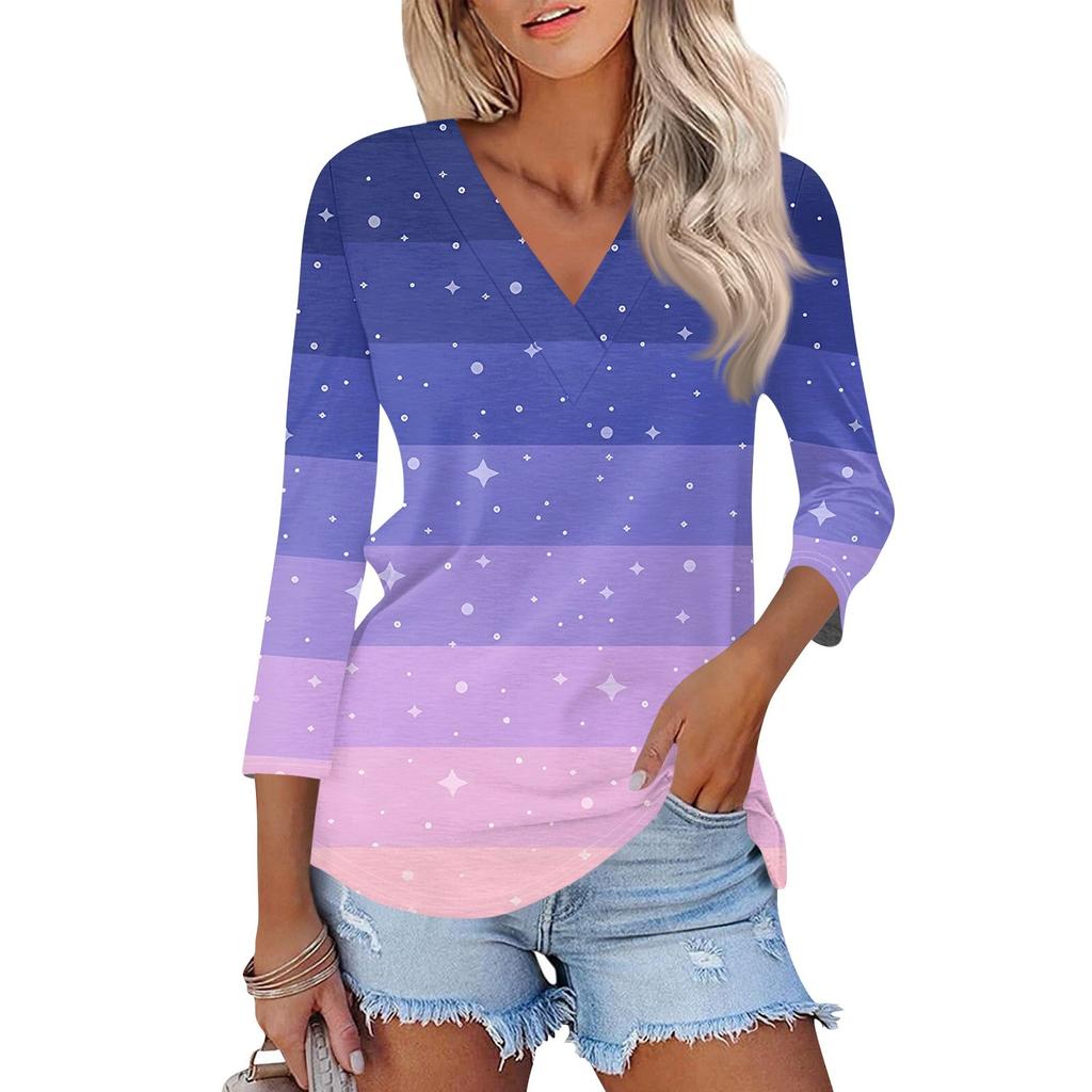 Женские рубашки с рукавом 3/4, топы с принтом и V-образным вырезом, повседневные топы, базовые футболки, блузки, свободные топы