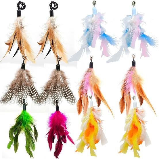 12 Pack Cat Wand Feather Toy Refills with Bells , Natural Feather Replacement for Interactive Teaser Toys, Colorful Wand Attachments, Durable and