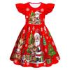 Kids Girls Cartoon Santa Claus Christmas Tree Elk Print Ruffle Sleevess New Year Dress