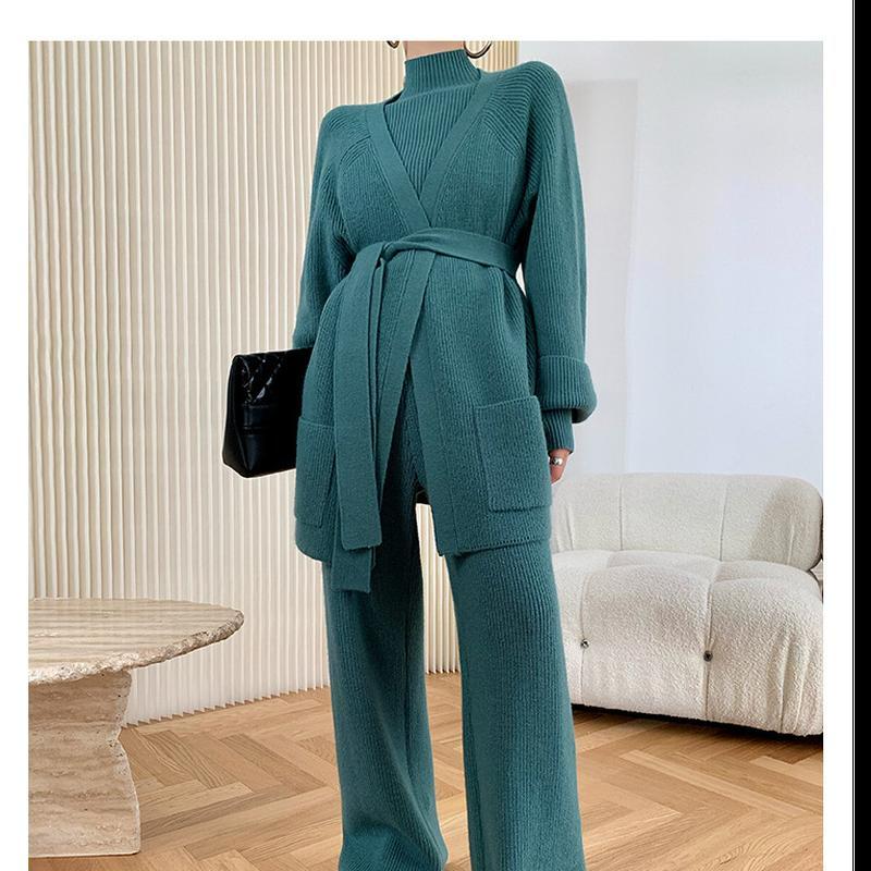 Женский весенне-осенний и зимний повседневный комплект из трикотажных брюк, однотонное утепленное пальто + широкие брюки, комплект из трех предметов
