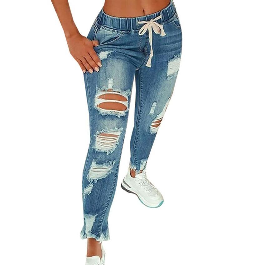 Женские джинсы с эластичной резинкой на талии и рваными тонкими женскими джинсовыми повседневными брюками