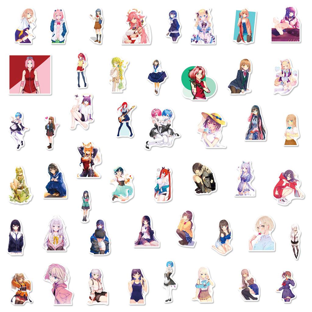 50 Non-exposed Beauty Stickers, 2D Japanese Cartoon Sexy Beauties Collection, Anime Image Stickers, Asian