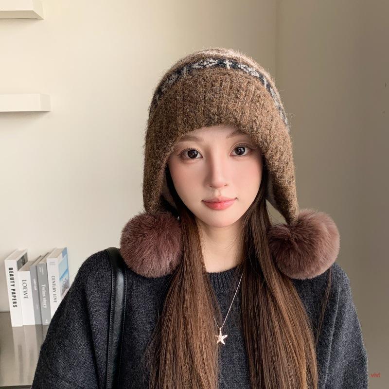 Fair Island wind autumn winter piled thickened pullover hat warm ear protection knitted big head circumference small face wool hat