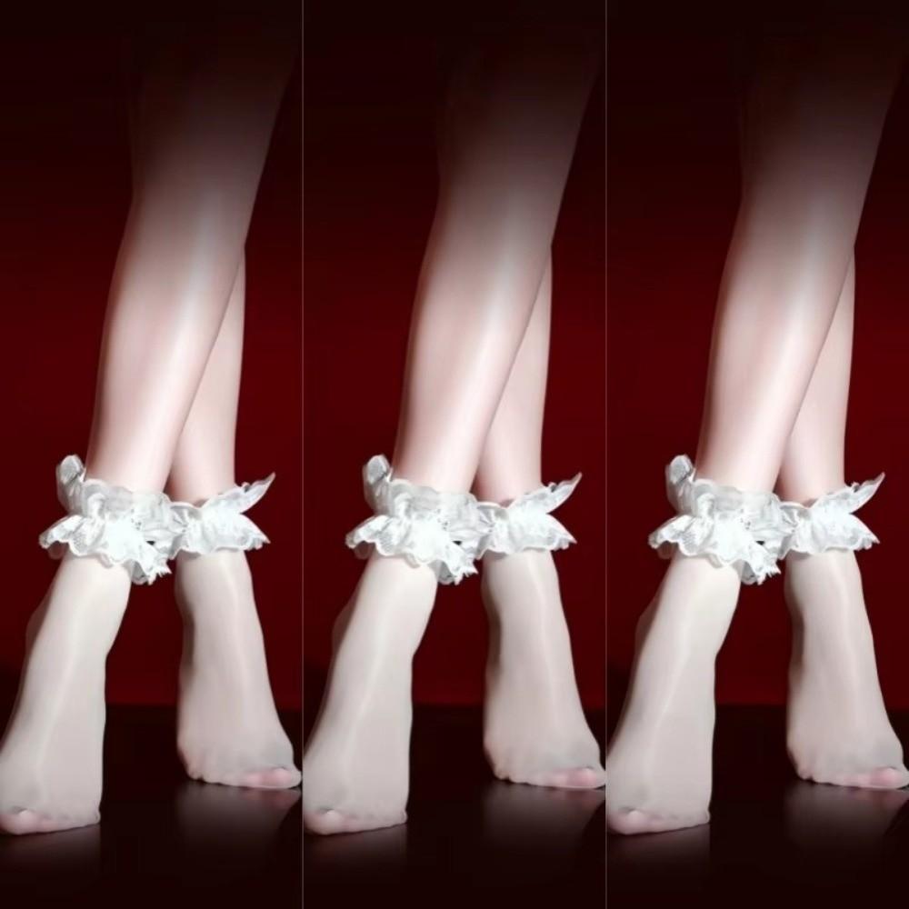 Oil Shiny Sheer Ankle Hosiery Ruffle Trim Floral Ruffle Socks Sexy Lace Cuff Socks For Women