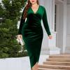 Женское сексуальное бархатное платье больших размеров с глубоким v-образным вырезом и длинными рукавами, плиссированное платье с крестообразным принтом, облегающее коктейльное вечернее платье