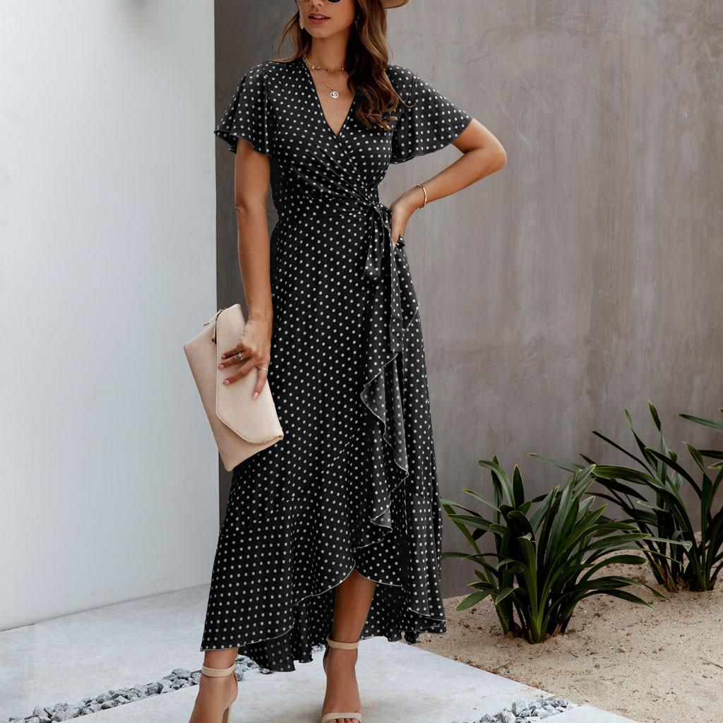 Bohemian Dot Polka Womens Chiffon Wrap V Neck Short Sleeve Split Maxi Dress