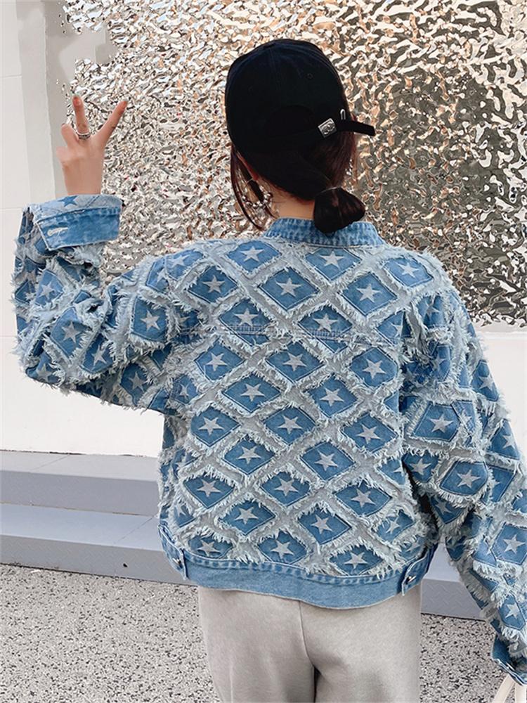 Джинсовая куртка с геометрическим рисунком для женщин, новая модная осенне-зимняя джинсовая куртка с длинными рукавами, уличная однобортная куртка