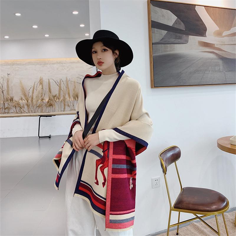 Толстый теплый зимний шарф, роскошный дизайн, принт лошади, женский кашемировый шаль из пашмины, женские шарфы с запахом, женский платок, одеяло, пончо