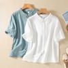 Летняя литература свободная однотонная рубашка из хлопка и льна с жаккардом с короткими рукавами женская рубашка верх блузки и рубашки