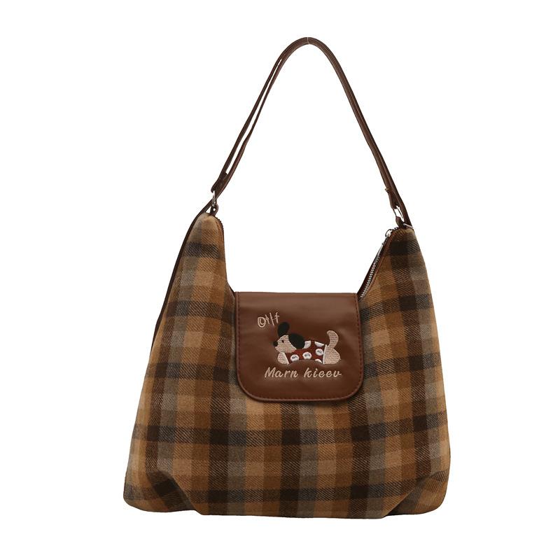 Version cartoon puppy backpack bag women's new college plaid tote bag versatile largecapacity shoulder bag