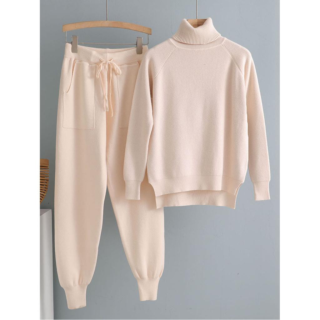 Комплект из 2 предметов женский трикотажный спортивный костюм водолазка свитер + морковные спортивные штаны пуловер свитер комплект ШИК трикотажная верхняя одежда