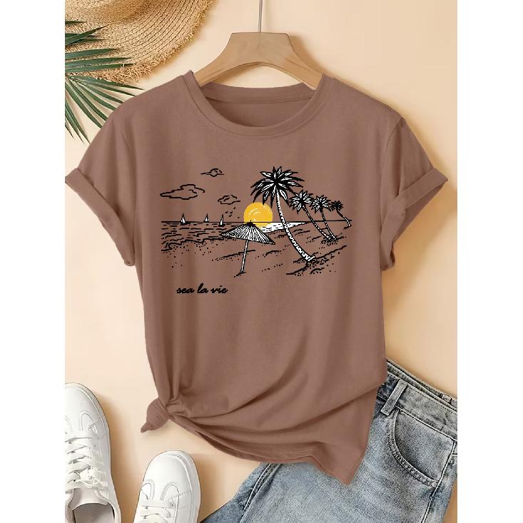 Beach doodle print short-sleeve vintage round neck shirt T Fresh and natural style loose-fitting shirt 2026 Elegant spring and summer party fashion