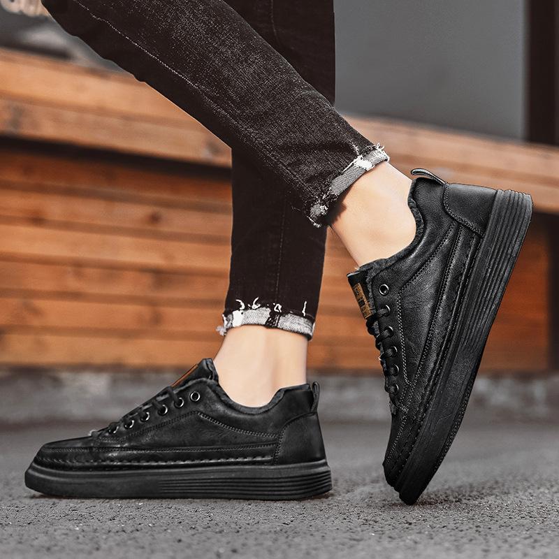 Мужская обувь Зимние бархатные теплые повседневные кожаные туфли на одной педали Кухонные водонепроницаемые и нескользящие черные туфли на плоской подошве Рабочие хлопковые туфли