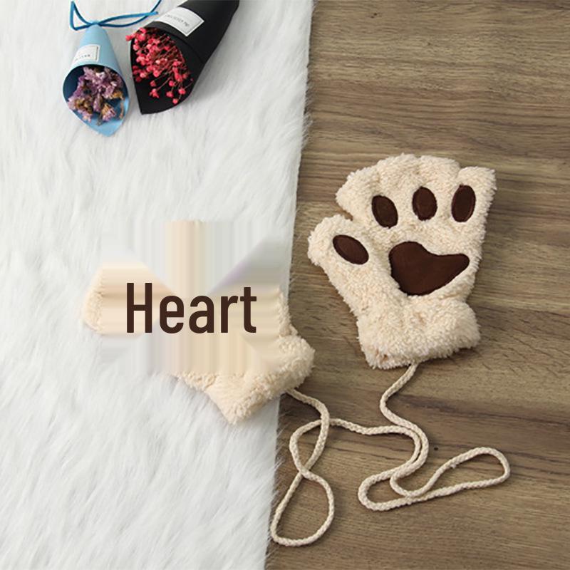Winter Cute Cartoon Half-Finger Fleece Gloves for Women, Bear & Cat Paw Design.