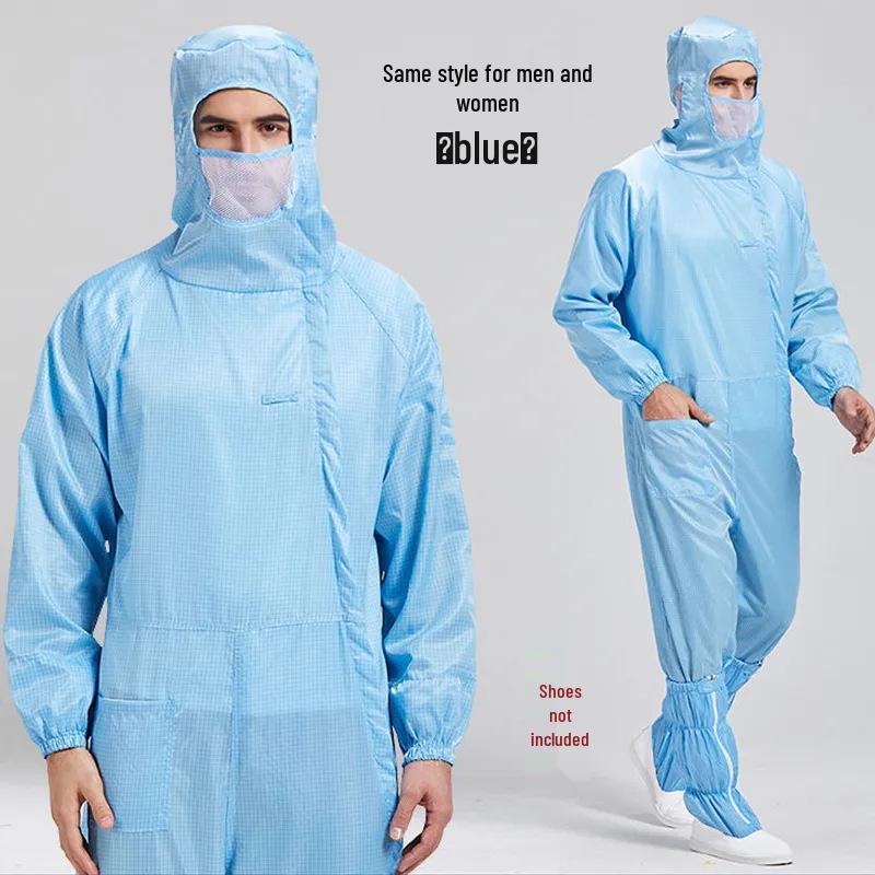 Class 100 Antistatic Cleanroom Suit with Diagonal Zipper, White/Blue
