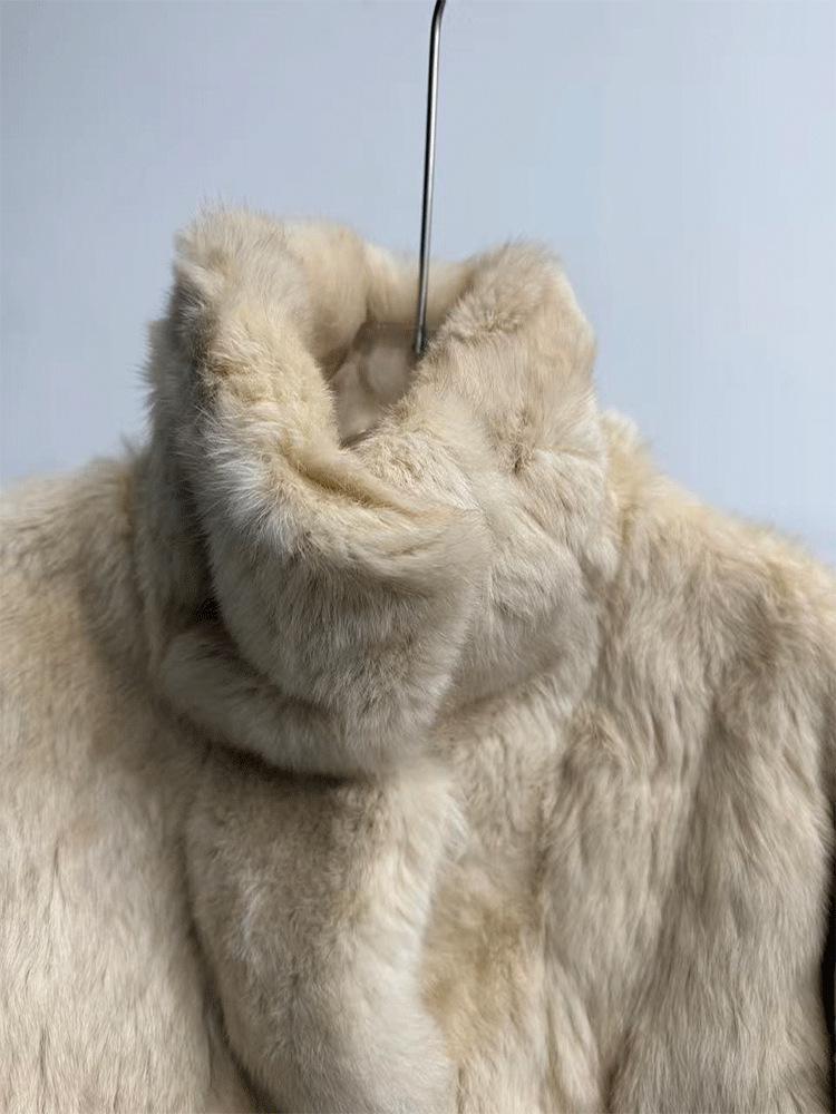 Women's Fashionable Two-Tone Real Rabbit Fur Collar Coat - 2025 Casual Short Style