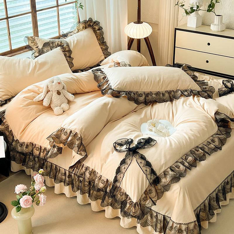 Покрывало из хлопка в стиле принцессы, однотонное, кружевное, стираное, из четырех частей, сирсакер, кружево, двойной пододеяльник