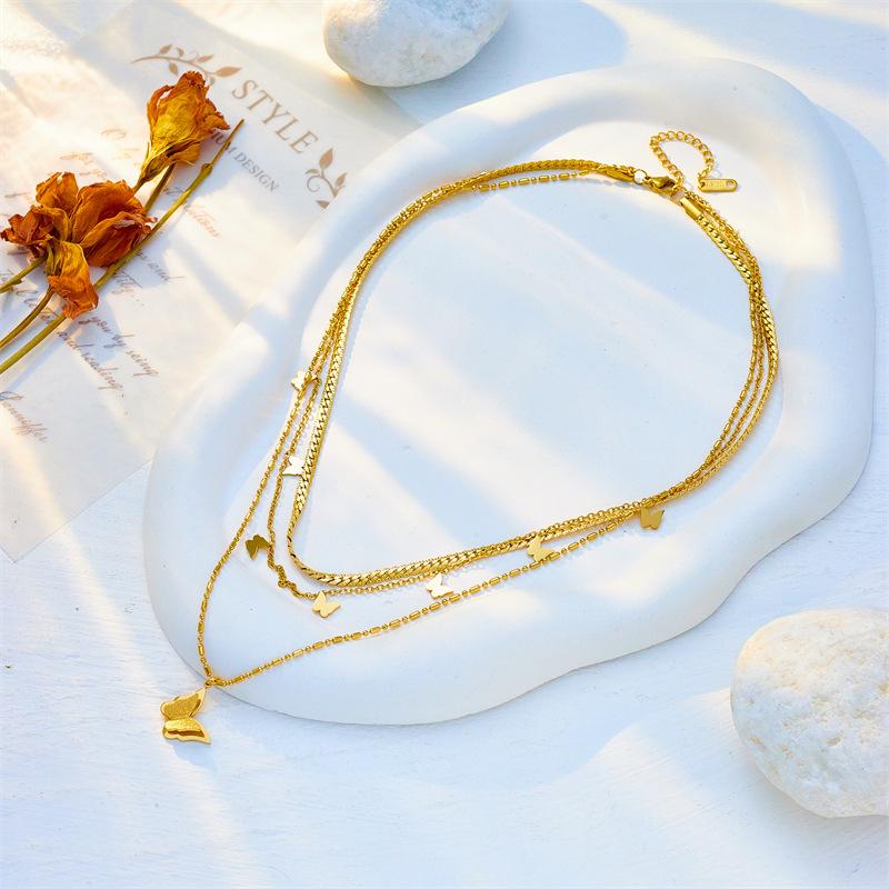Gold Plated Layered Butterfly Necklace Dainty Insect Pendant Choker Jewelry