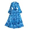 Long Sleeves Stand Collar A- Line Elegance Wide Hem Printed Dress